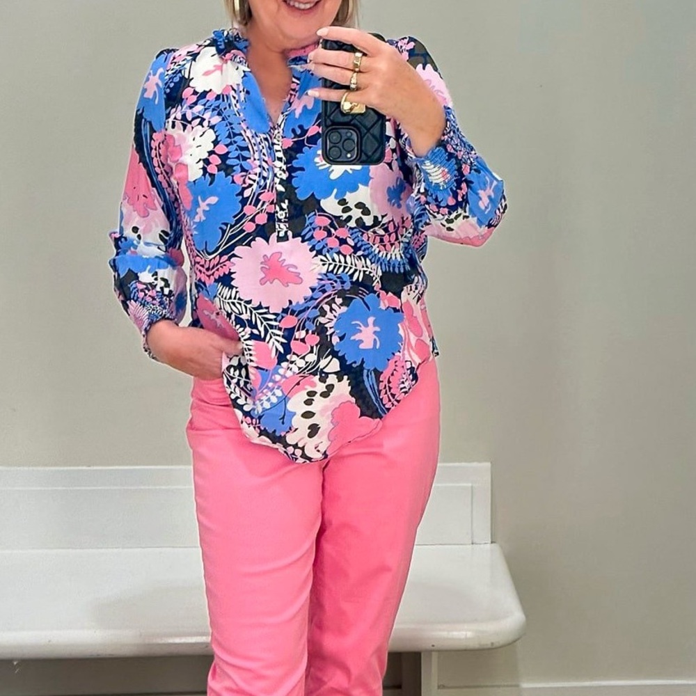 Talbots multi color floral print, long sleeves with raffle blouse size Large